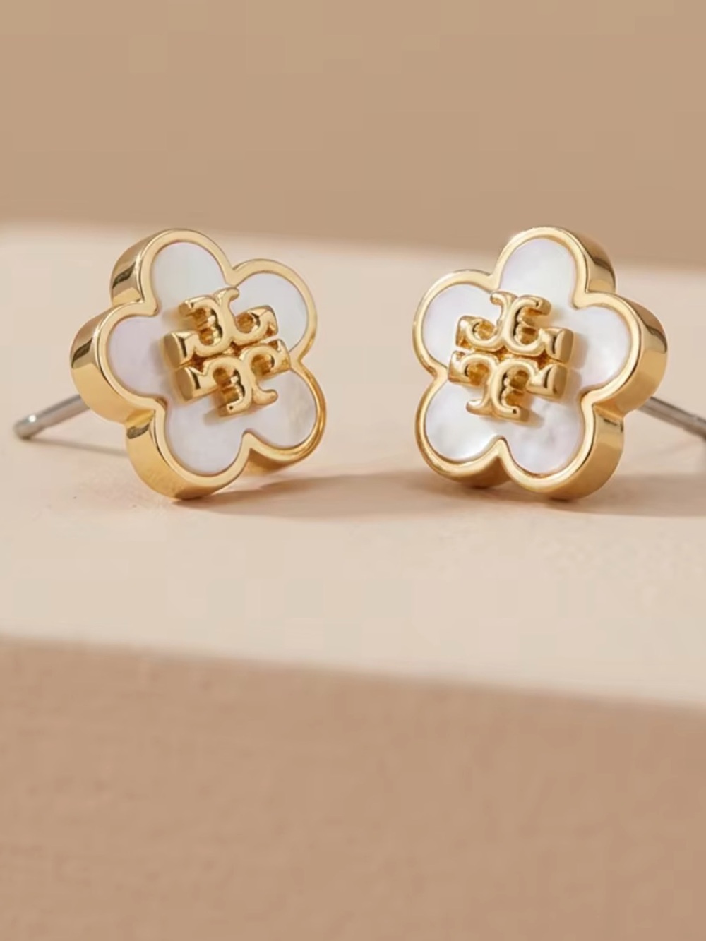 Gold-Tone Flower Stud Earrings with White Enamel